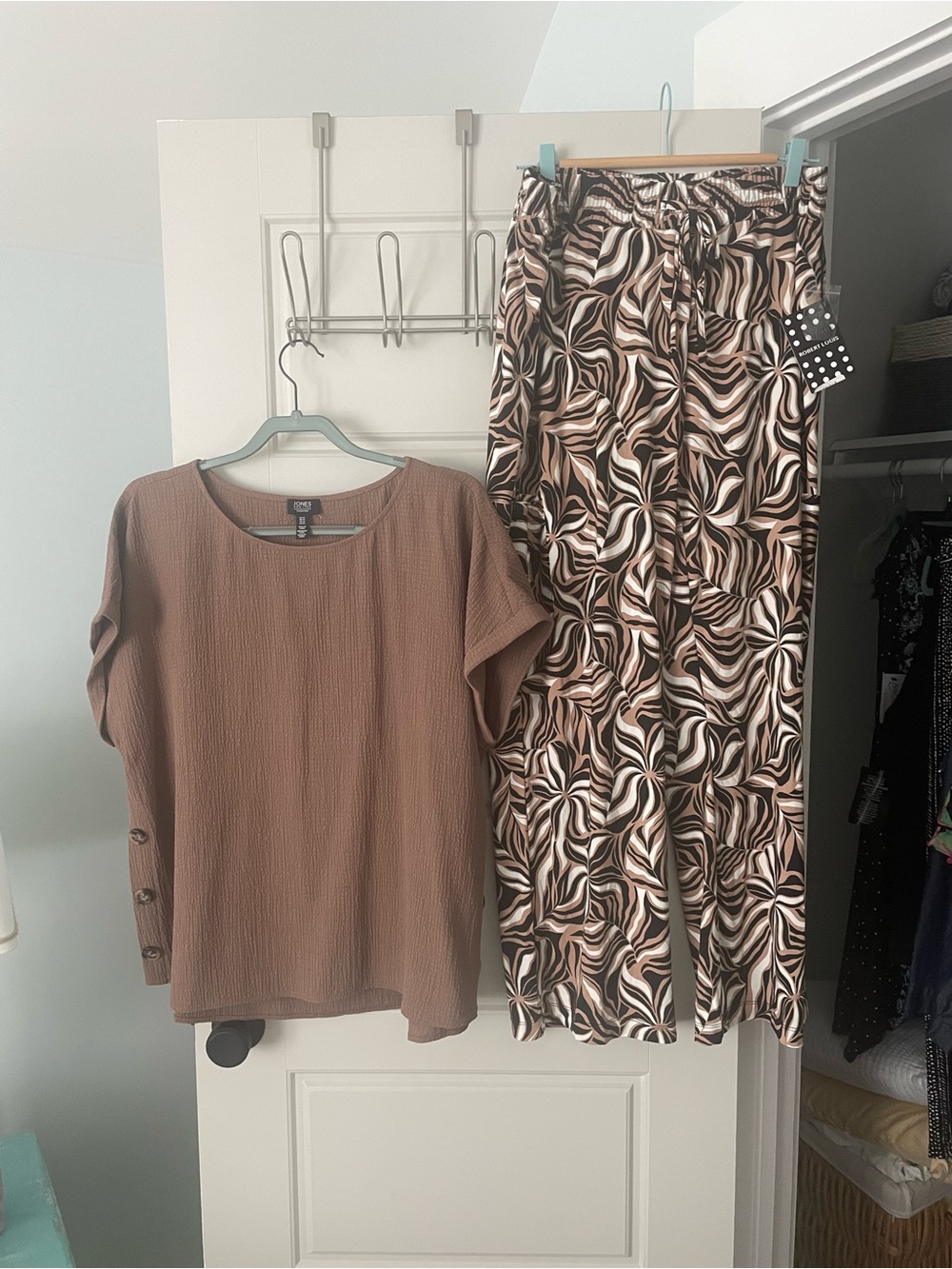 Woven Textured Button-Sleeve Top xl jones & Printed Drawstring Pants new- xl